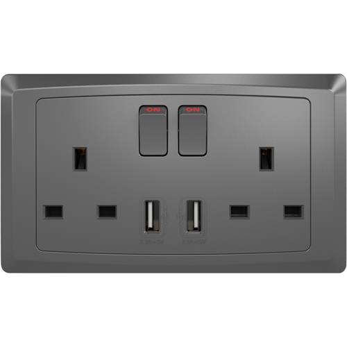 2 GANG SWITCH SOCKET 13A DRK GRY + 2USB