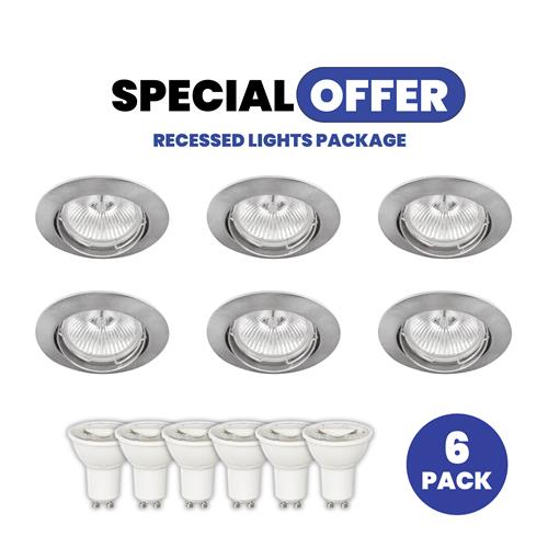 Set of 6 - Adj. S.Stl GU10 Fittings+Bulb